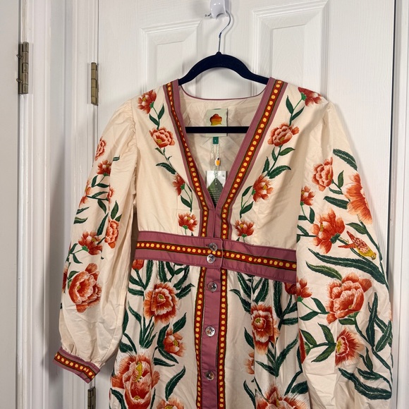 Farm Rio Ainika off-white puff sleeve floral bird printed midi dress XS - Picture 6 of 12